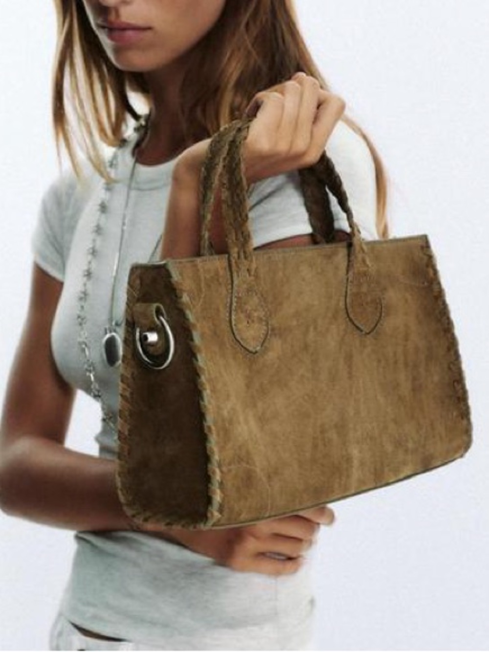 Zara NWT Green Braided Split Leather City Bag Woven Suede Tote